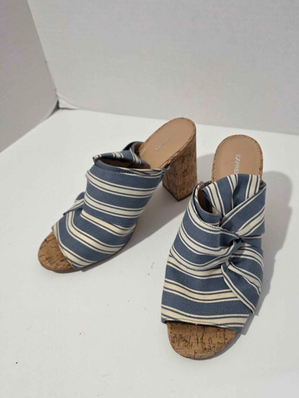 Express Blue White Stripe Peep Toe Cork Wedge Mules Bow Front Women's Sz 9